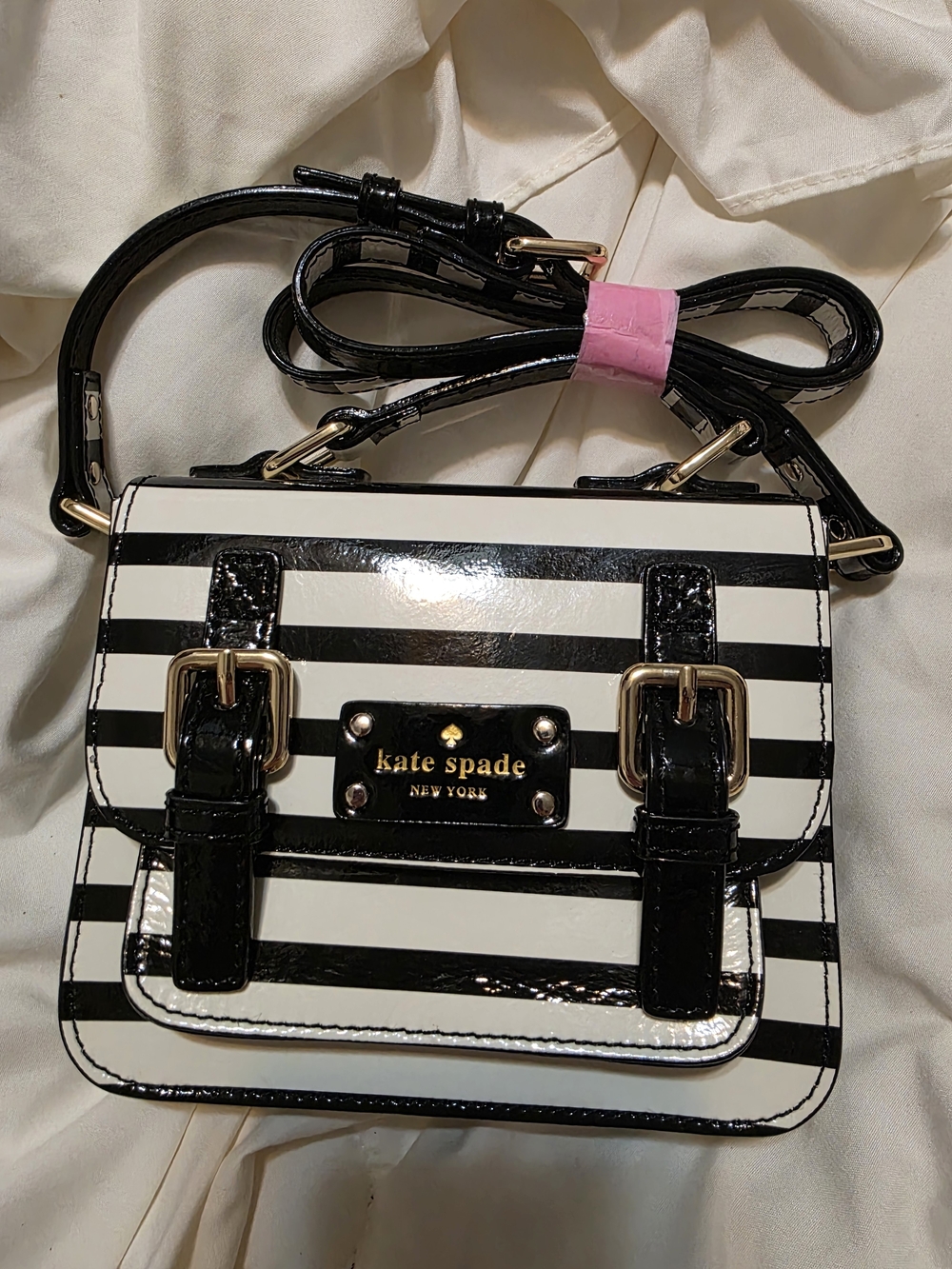 kate spade Black and White Striped Patent Crossbody with Gold Hardware